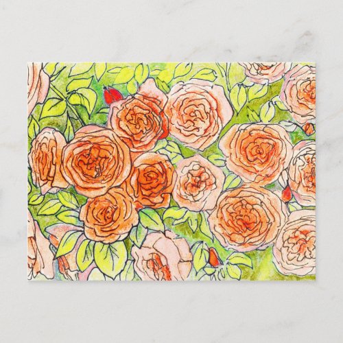 Red Roses, Green Leaves Rose Garden Floral Sketch  Postcard