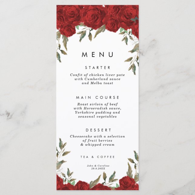red roses greenery wedding menu cards (Front)