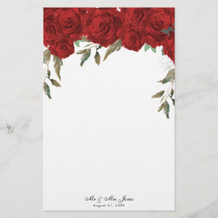 Red roses greenery wedding notepaper stationery