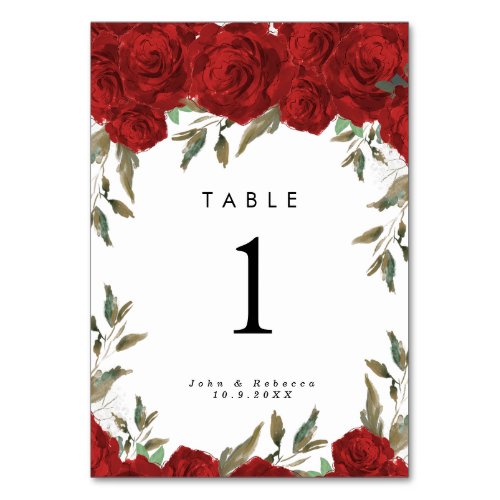 red roses greenery wedding table number card