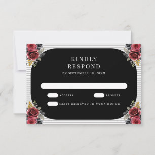 Red Roses Grey Stripes Black Gothic Wedding RSVP Card
