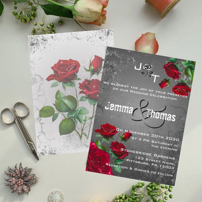 Red Roses & Grunge Textured Wedding Invitation (Creator Uploaded)
