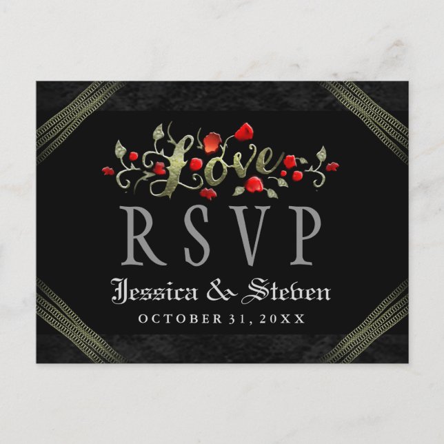 Red Roses Halloween LOVE Wedding RSVP PostCard (Front)