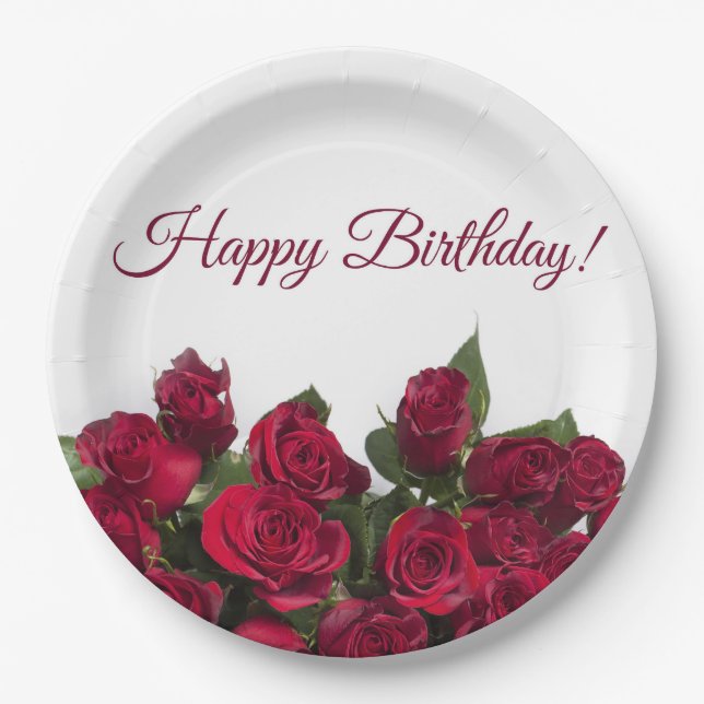 Red roses happy birthday paper plates (Front)