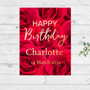 Red Roses Happy  Birthday Real Gold Foil  Foil Holiday Postcard