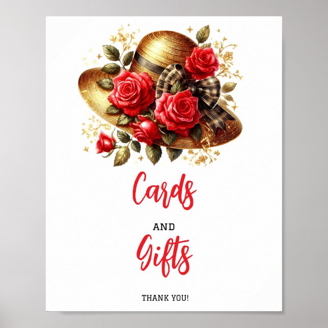 Red Roses Hat Derby Bridal Shower Table Signs (Front)