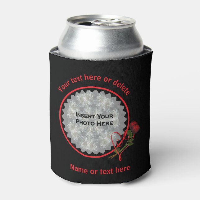 Red Roses Heart Black Personalized Photo Can Cooler (Can Front)