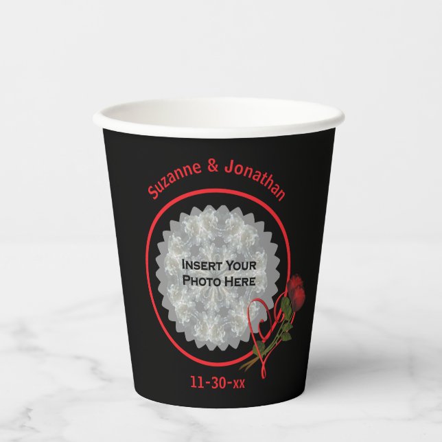 Red Roses Heart Black Personalized Wedding Photo Paper Cups (Front)