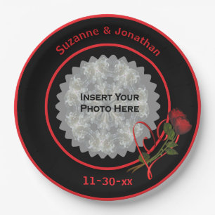 Red Roses Heart Black Personalized Wedding Photo  Paper Plates
