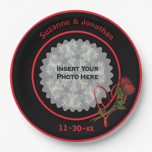 Red Roses Heart Black Personalized Wedding Photo  Paper Plates (Front)