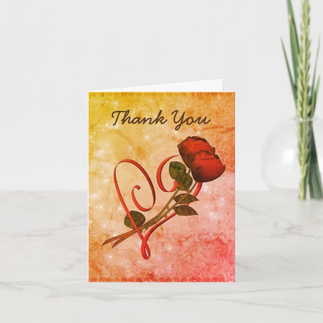 Red Roses Heart Flower Art Thank You Card (Front)