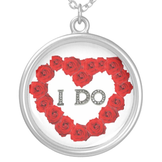 Red Roses Heart I Do Bling Necklace. Silver Plated Necklace (Front)