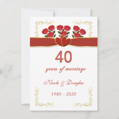 Red roses hearts 40th Wedding Anniversary Invitation