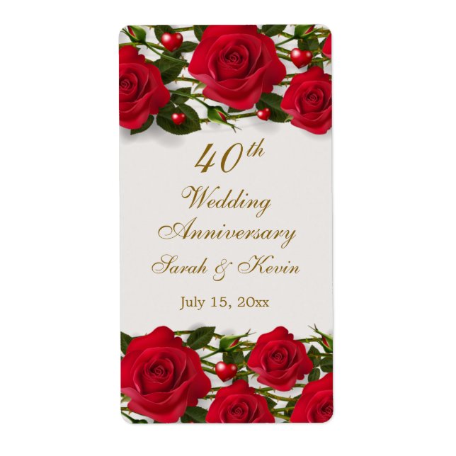 Red roses & hearts 40th Wedding Anniversary Label (Front)