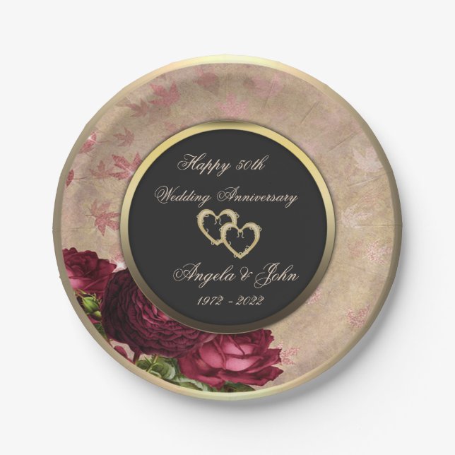 Red Roses Hearts 50th Wedding Anniversar  Paper Plates (Front)