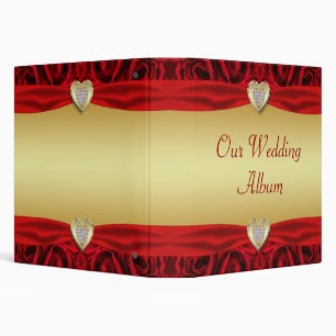 Red Roses & Hearts, Gold & Black Wedding 3 Ring Binder