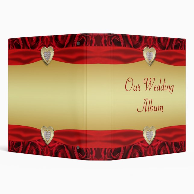 Red Roses & Hearts, Gold & Black Wedding 3 Ring Binder (Background)