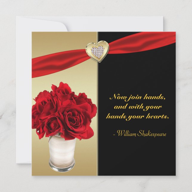Red Roses & Hearts, Gold & Black Wedding Invitation (Front)