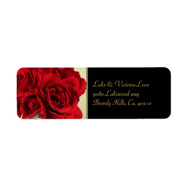 Red Roses & Hearts, Gold & Black Wedding Label (Front)