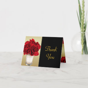Red Roses & Hearts, Gold & Black Wedding Letterpress Thank You Card
