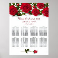 Red roses, hearts Wedding 8 Tables Seating Chart