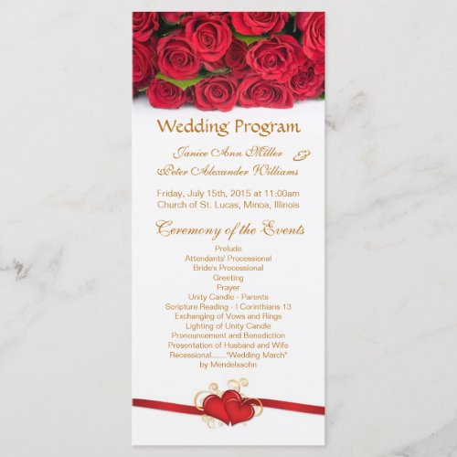 Red roses  hearts Wedding program Rack card