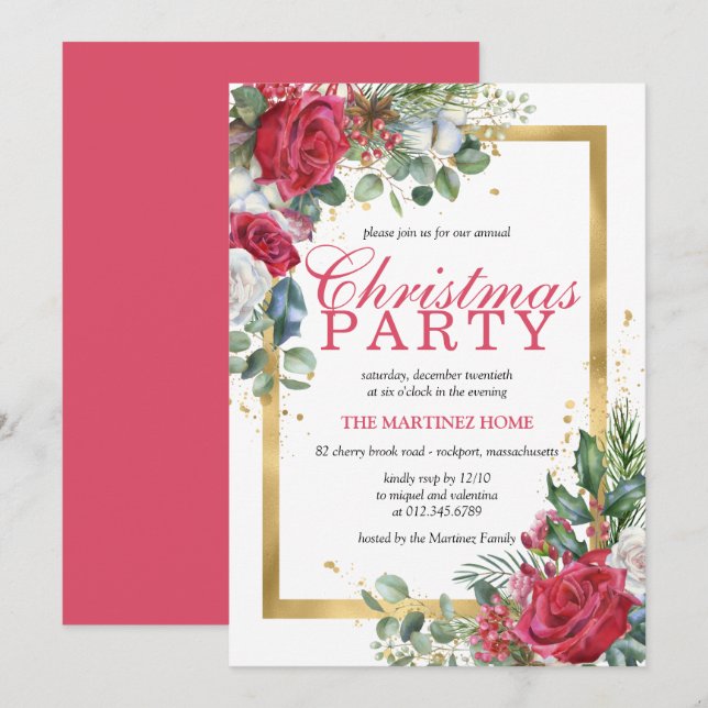Red Roses Holly Berry Rustic Chic Christmas Party Invitation (Front/Back)