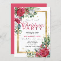Red Roses Holly Berry Rustic Chic Christmas Party Invitation