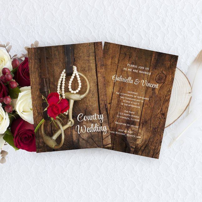 Red Roses, Horse Bit and Barn Wood Country Wedding Invitation (Creator Uploaded)