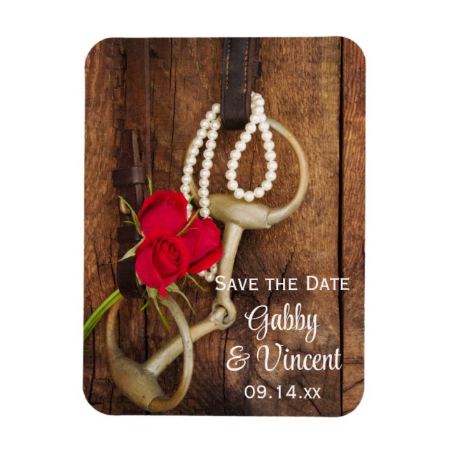 Red Roses Horse Bit Country Wedding Save the Date Magnet (Vertical)