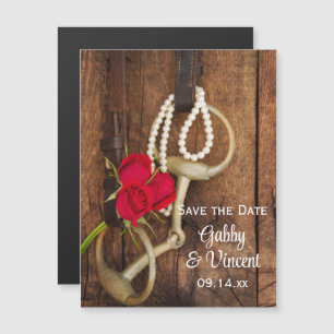 Red Roses Horse Bit Country Wedding Save the Date Magnetic Invitation