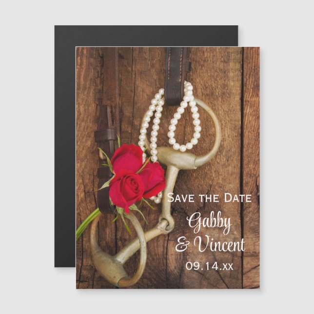 Red Roses Horse Bit Country Wedding Save the Date Magnetic Invitation (Front/Back)