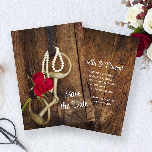 Red Roses Horse Bit Western Wedding Save the Date