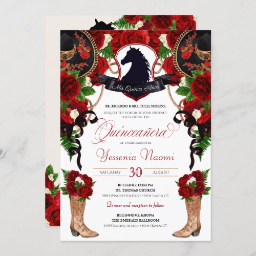 Red Roses Horse Crest Elegant Charro Quinceanera Invitation