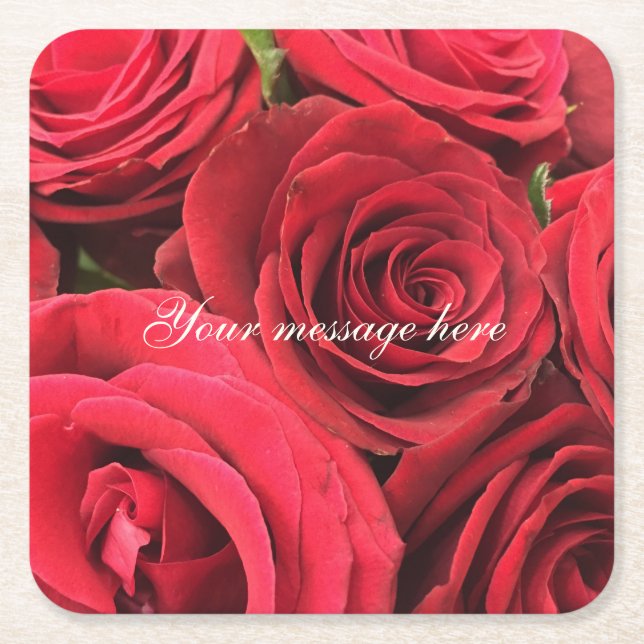 Red Roses I Love You Personalized Square Paper Coaster (Front)