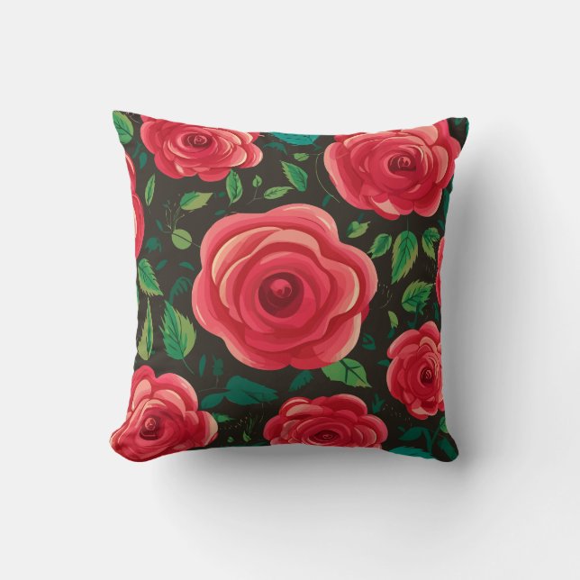 Red Roses in Bloom: A Lush Floral Display Throw Pillow (Front)