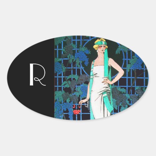 RED ROSES IN THE NIGHTART BEAUTY FASHION MONOGRAM OVAL STICKER