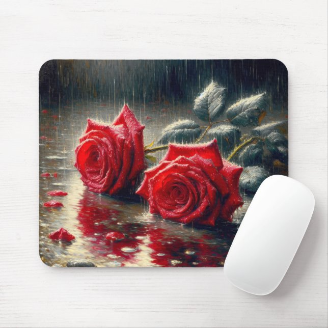 Red Roses In The Rain Mouse Pad (With Mouse)