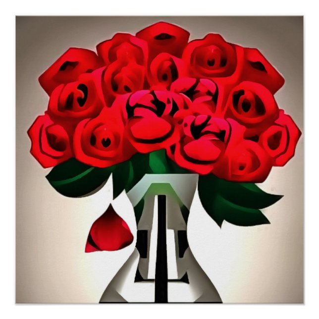Red Roses In Vase Art Deco Abstract Art Poster (Front)