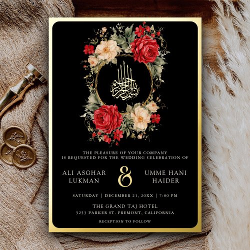 Red Roses Ivory Flowers Black Muslim Wedding Gold Foil Invitation