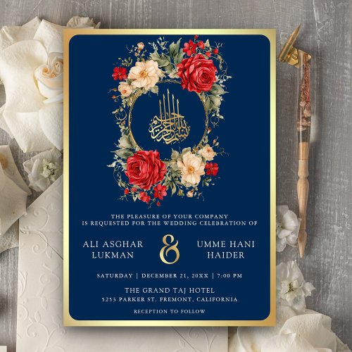 Red Roses Ivory Flowers Blue Gold Muslim Wedding Invitation