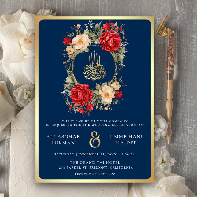 Red Roses Ivory Flowers Blue Gold Muslim Wedding Invitation (Creator Uploaded)