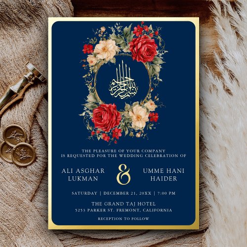 Red Roses Ivory Flowers Maroon Blue Wedding Gold Foil Invitation