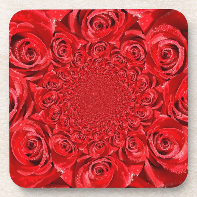 Red Roses Kaleidoscope: Happy Valentine's Day Art  Beverage Coaster (Front)
