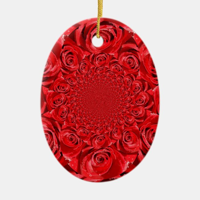 Red Roses Kaleidoscope: Happy Valentine's Day Art  Ceramic Ornament (Front)