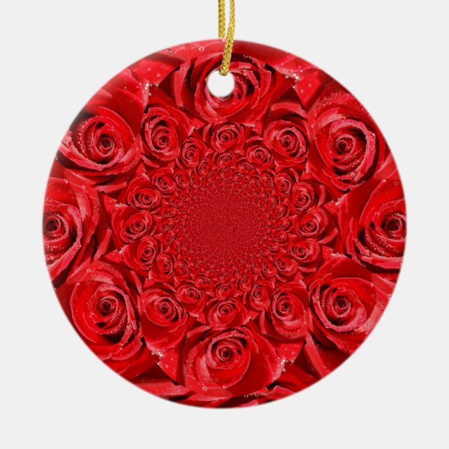 Red Roses Kaleidoscope: Happy Valentine's Day Art  Ceramic Ornament (Front)