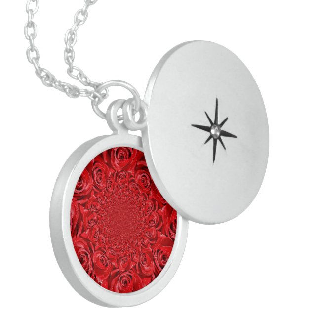 Red Roses Kaleidoscope: Happy Valentine's Day Art  Sterling Silver Necklace (Front Left)