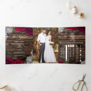 Red Roses & Lace Elegant Rustic Wood Wedding Tri-Fold Invitation