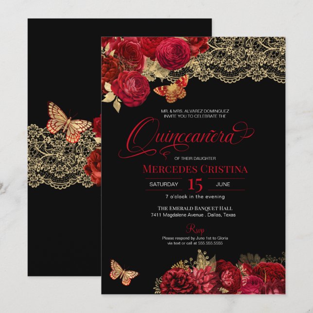 Red Roses & Lace Glamorous Butterfly Quinceañera I Invitation (Front/Back)