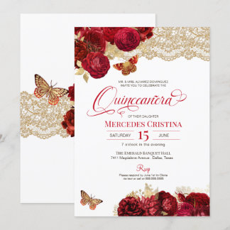 Red Roses & Lace Glamorous Butterfly Quinceañera I Invitation